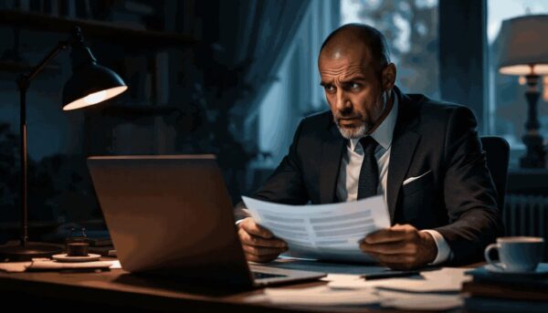 man is reviewing documents, including a visa refusal letter, in office.