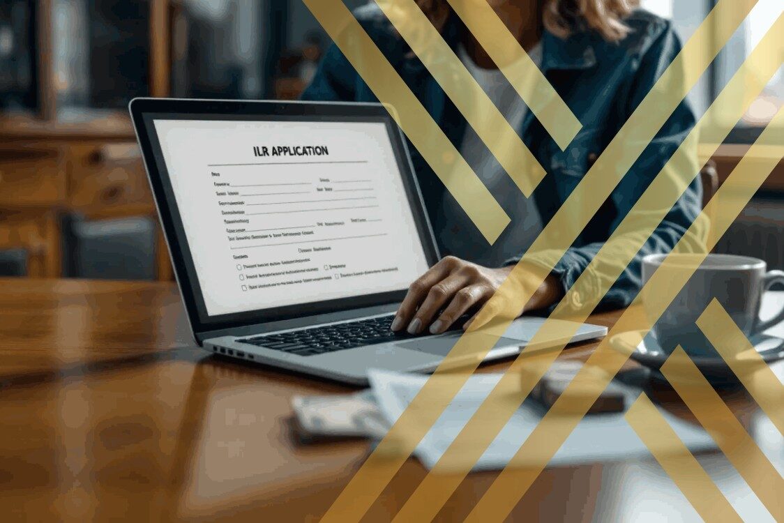 A casually dressed individual is seated at a lawyer's chamber, focused on writing an ILR application.
