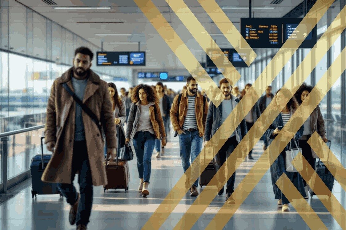 The image depicts a diverse group of people walking through a UK airport.