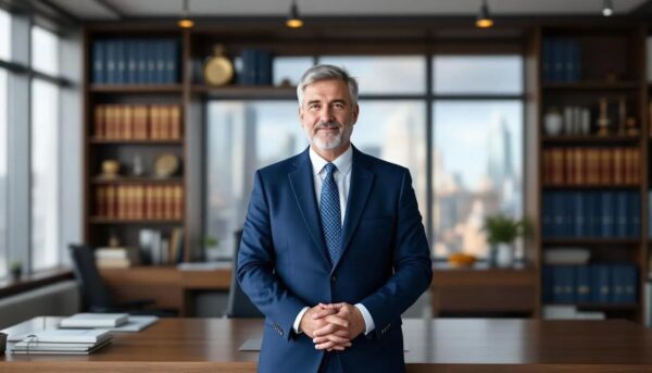 The image depicts a UK employer standing confidently in a modern office, surrounded by contemporary furnishings and a view of the city skyline through large windows.