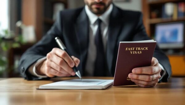 The image depicts a lawyer at a desk, stamping a British visa labeled "Fast Track Visa," symbolizing the process for eligible students from Gaza to study at UK universities. The scene emphasizes the importance of UK visas and support for international students amid the ongoing humanitarian crisis.