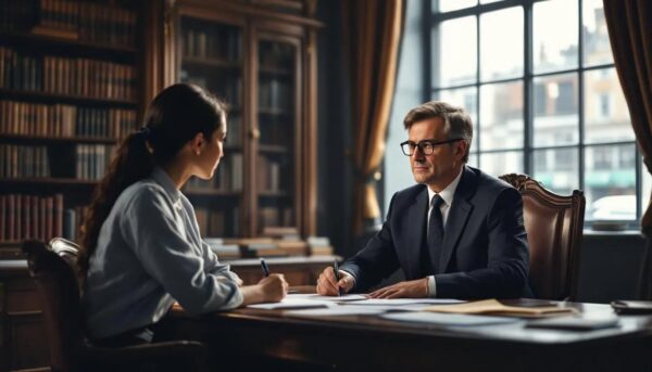 A lawyer is seated in a well-organized chamber, attentively guiding an immigrant on the future UK immigration policies, including details about UK visas and eligibility criteria for students from Gaza seeking to study at British universities.