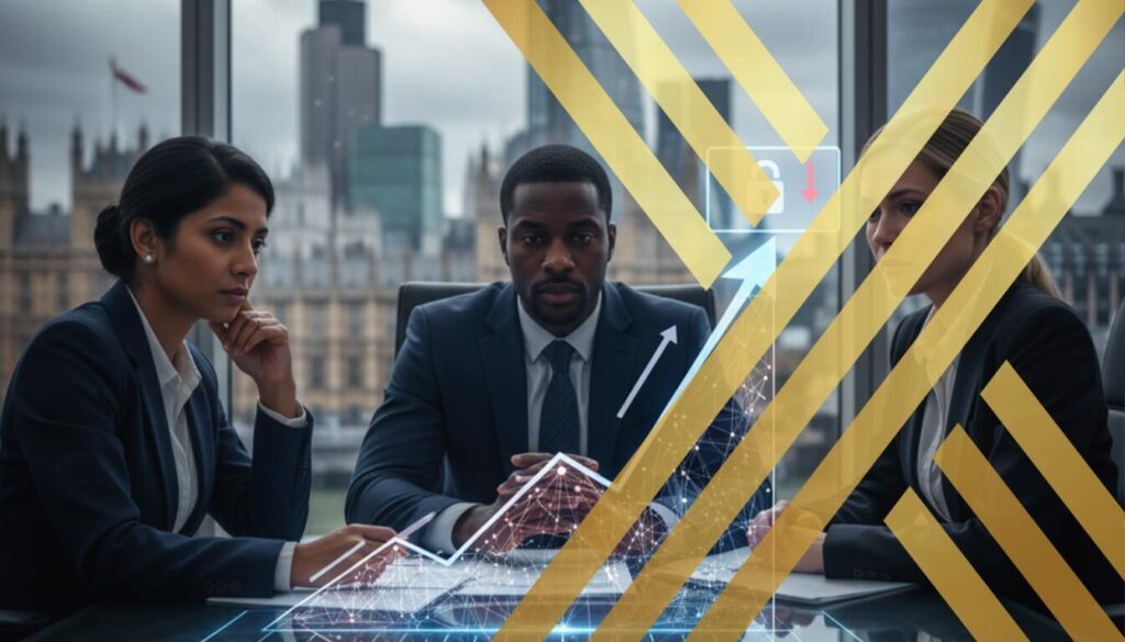 Three business professionals, two women and one man, are engaged in a serious discussion around a conference table with a holographic projection of an upward-trending graph and a fluctuating data line, symbolizing expansion and caps.