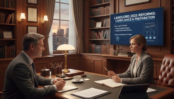  The lawyer gestures towards a large wall-mounted screen displaying a presentation titled "LANDLORD 2025 REFORMS: COMPLIANCE & PREPARATION," as they discuss how landlords can stay compliant with upcoming legislative changes.