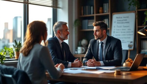 A lawyer is seated at a desk, explaining the UK medical evacuation process to a concerned individual, emphasizing the importance of air ambulance services and the role of healthcare professionals in providing immediate medical care during emergencies.
