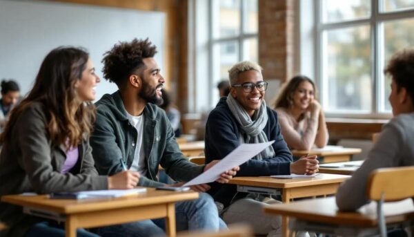 A diverse group of students is engaged in a lively discussion about the "Raised English Language Requirement" for studying in the UK, highlighting the importance of English language proficiency and the acceptable English language tests like IELTS and TOEFL for international students.