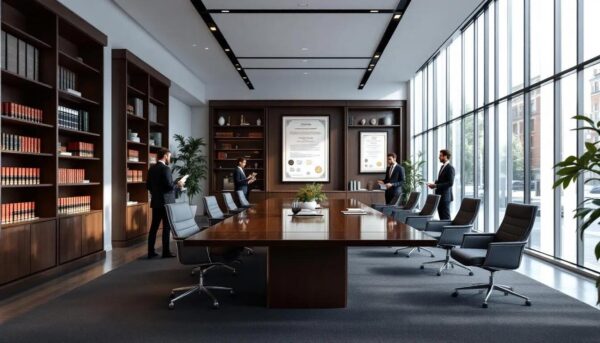 The image depicts a modern and professional law firm in the UK, featuring sleek office furniture and a welcoming reception area.