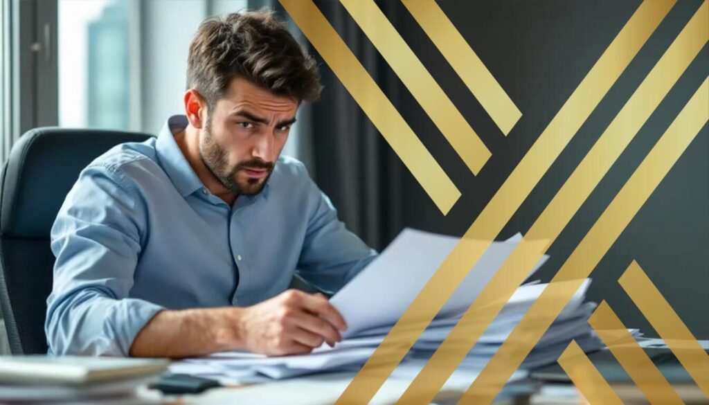A concerned individual is depicted searching through a stack of papers and files, visibly anxious about his lost visa application. He is surrounded by important documents like a passport and birth certificate, highlighting the urgency of replacing documents and obtaining an emergency travel document from the nearest British embassy.