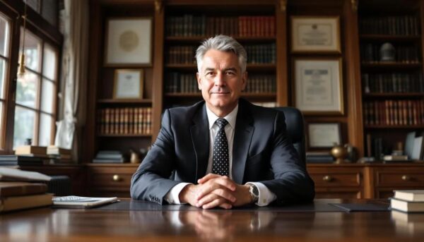 The image shows a confident solicitor sitting in his chamber, surrounded by legal books and documents, exuding professionalism and authority.