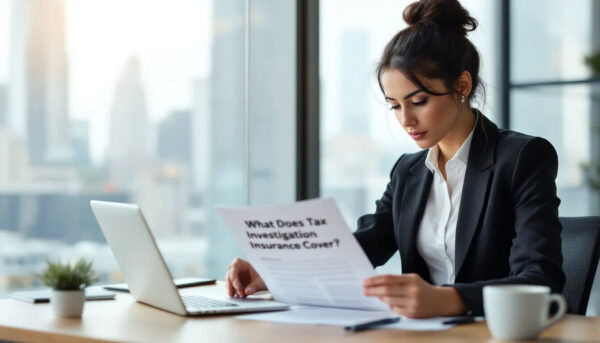 A women is sitting at a desk, intently reading a document that discusses tax investigation insurance