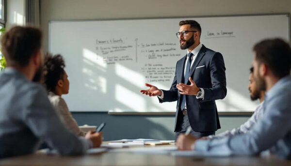 A lawyer is seen guiding a group of students on immigration rules related to various eligibility groups, including international students. The discussion includes details about the graduate route, skilled worker visas, and options for post-study work, emphasizing the importance of understanding the UK's immigration system for those pursuing higher education