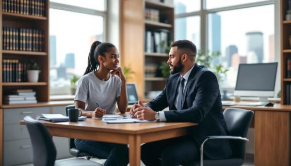 The image depicts a lawyer attentively guiding a student through the "Strategic Steps for Students," focusing on various immigration routes such as the graduate visa and skilled worker visa in the UK. The lawyer emphasizes the importance of understanding immigration rules and successfully completing the necessary qualifications to remain in the UK as an international student.