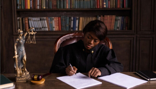 Judge in court reviewing child custody UK paperwork, illustrating the legal process and final decision-making power.