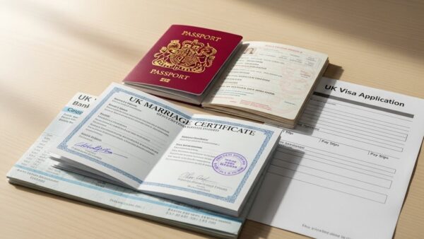 Organised stack of UK immigration documents including passport, marriage certificate, and financial records.