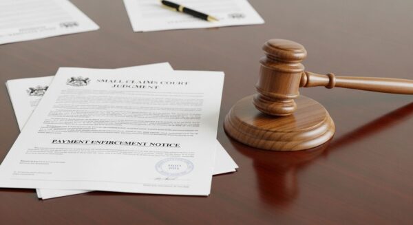 Gavel on a desk next to a small claims court judgment and payment enforcement notice, representing the outcome of small claims cases and enforcement methods.
