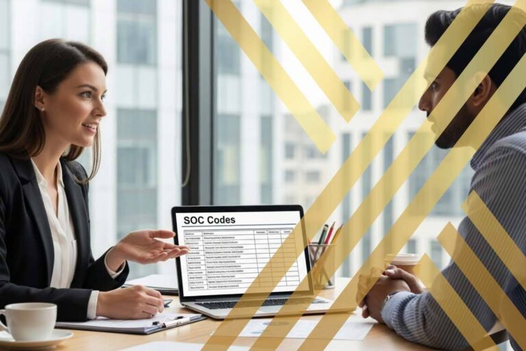 An HR manager explaining visa options to an international employee at a desk, showing SOC codes on a laptop screen.