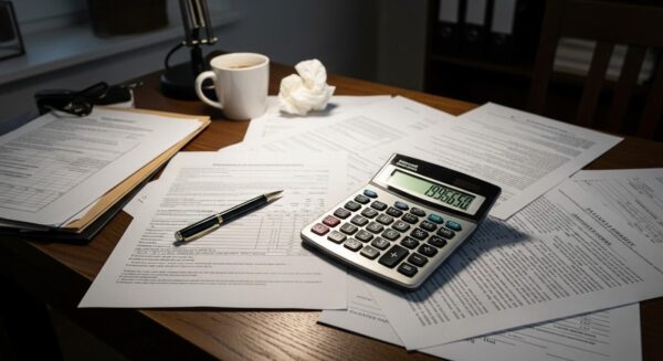 A desk cluttered with legal documents, a calculator, and a pen, symbolizing the financial aspects of divorce proceedings. 
