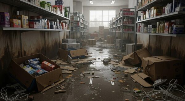 Flooded UK retail shop showing visible water damage and highlighting the commercial property damage.