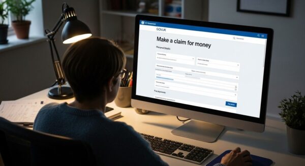 A person sitting in front of a computer screen showing the UK government small claims online filing form.