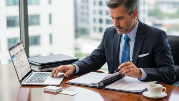 A professional man is seated at a desk, reviewing immigration documents while using a laptop, embodying an immigration services senior officer.