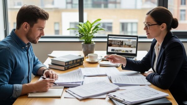 UK homebuyer reviewing freehold property documents and consulting a property solicitor.