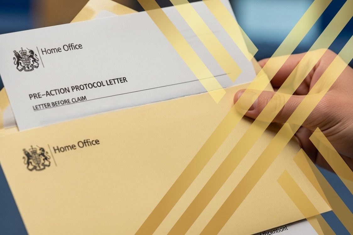 Close-up of a hand sending an official Pre-Action Protocol UK in Immigration Judicial Review with a Home Office envelope.