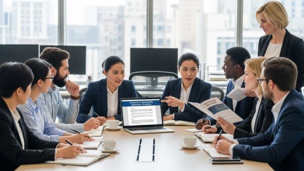 A modern office environment where a diverse group of professionals, including foreign nationals, are collaborating around a meeting table engaged in a discussion related to certificate of sponsorship.