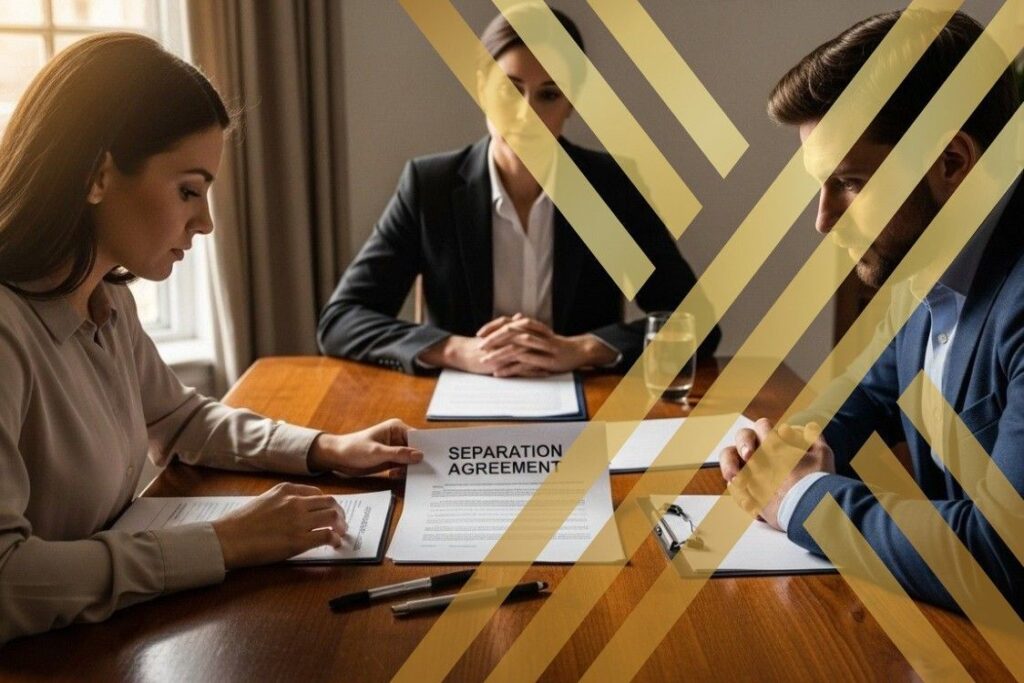 Couple discussing separation agreement at a table with documents and pens and family solicitor also sitting mediating the arrangements.