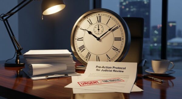 A clock prominently placed on an office desk, symbolising urgency and the need for time-sensitive action in  pre action protocol for judicial review