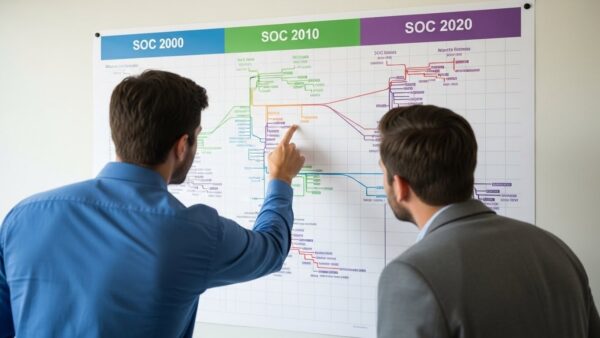 Two colleagues looking at a wall chart of SOC code evolution from SOC 2000 to SOC 2020, pointing at key changes.