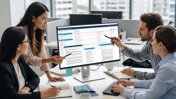 In a professional office environment, an HR team is collaborating around a computer screen, reviewing documents related to visa applications and sponsorship management systems for skilled workers applying for UK visas.