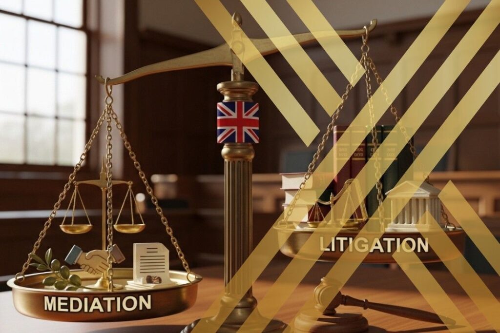 Scales of justice representing the comparison of mediation vs litigation for dispute resolution in the UK.