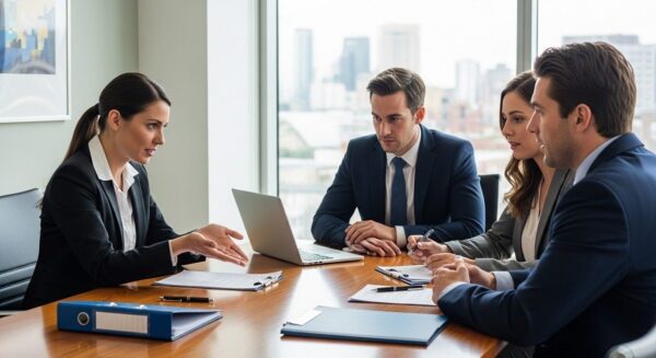 In a modern office setting, solicitors are engaged in discussion with clients, focusing on the litigation process and possible outcomes of the legal dispute.