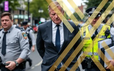 a person being arrested in the UK for tax evasion, surrounded by law enforcement officers. The scene illustrates the seriousness of tax fraud. This image explains Can You go to jail for not paying taxes uk