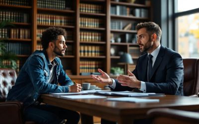 individual is seated in a lawyer's chamber, engaging in a discussion with a lawyer about Tax Investigation Insurance