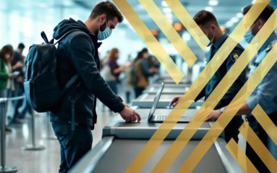 The image depicts an airport security checkpoint where travelers are undergoing a two-stage security check process, with individuals placing their belongings on a conveyor belt and passing through a metal detector. The scene emphasizes the importance of security measures, similar to multi-factor authentication, ensuring safe access for all passengers.