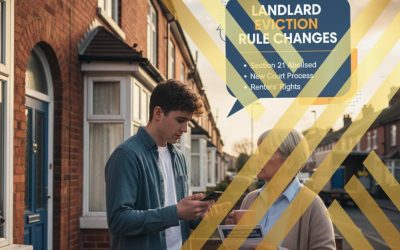 A young male tenant shows his phone to an older female homeowner, who holds a mug and a newspaper with the headline "LANDLORD EVICTION RULE CHANGES," as they discuss the new regulations