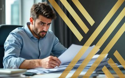 A concerned individual is depicted searching through a stack of papers and files, visibly anxious about his lost visa application. He is surrounded by important documents like a passport and birth certificate, highlighting the urgency of replacing documents and obtaining an emergency travel document from the nearest British embassy.