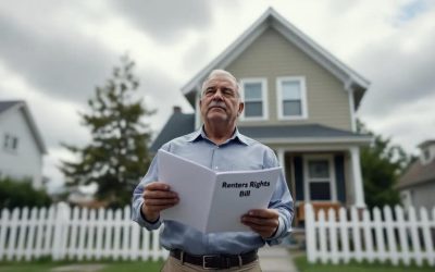 A landlord stands outside his house, intently reading a document about the Renters Rights Bill, which aims to enhance protections for private renters and regulate the private rented sector.