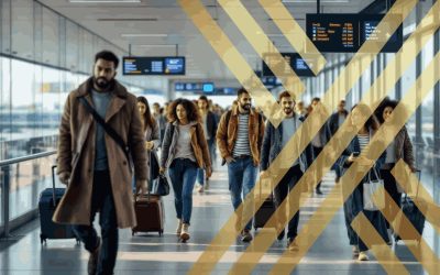 The image depicts a diverse group of people walking through a UK airport.