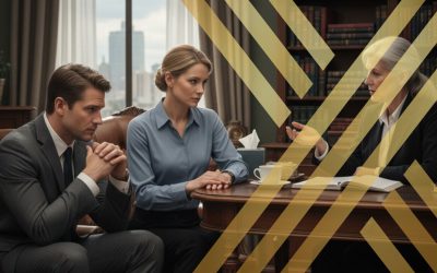husband and wife sitting in a lawyer's chamber, where a lawyer discusses their financial settlement after divorce